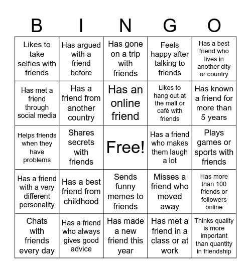 Friendship Bingo Card