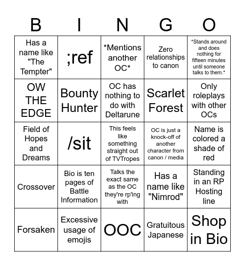 Generic CDRP OC Bingo Card