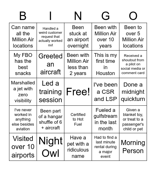 Networking Bingo: Aviation Style Bingo Card