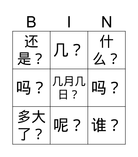 question words Bingo Card