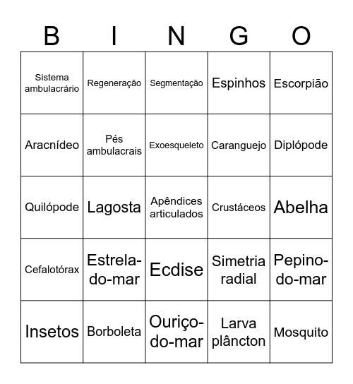Bingo dos Invertebrados Bingo Card