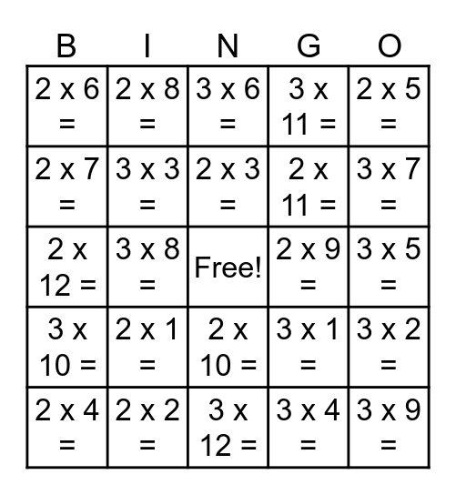 Multiplication Bingo Card