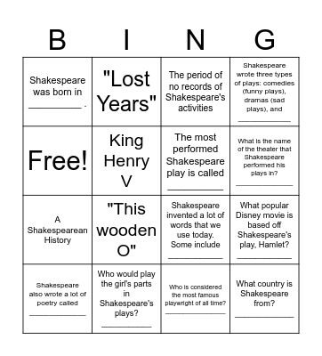 Shakespeare Facts Bingo Card