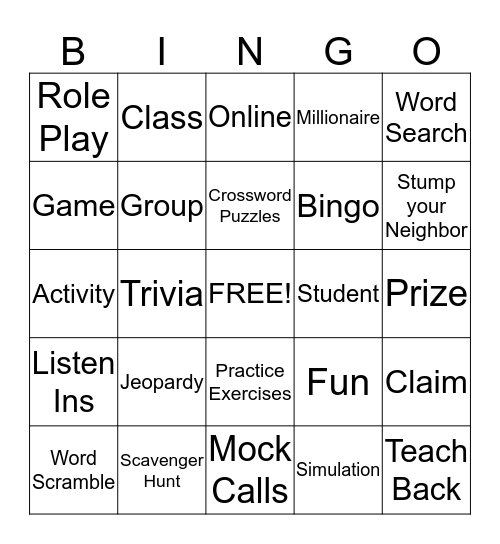 Learning Activities Bingo Card