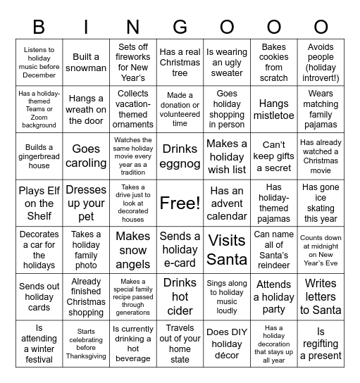 JCG Virtual Holiday Party Bingo Card
