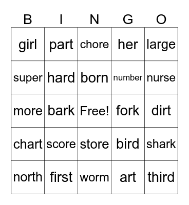 R-Controlled Words Bingo Card