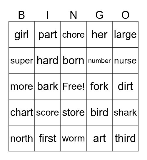 R-Controlled Words Bingo Card