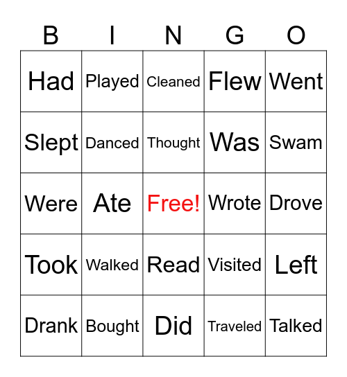 Past Tense Verbs Bingo Card