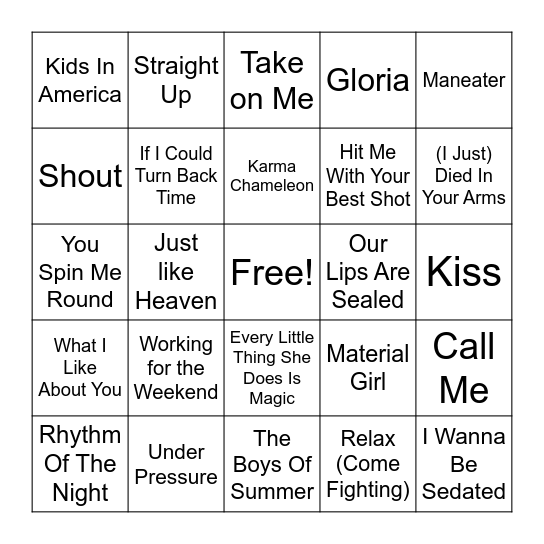 Round 1 - Best of the 80's Bingo Card