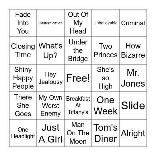 Round 2 - 90's Hits Bingo Card