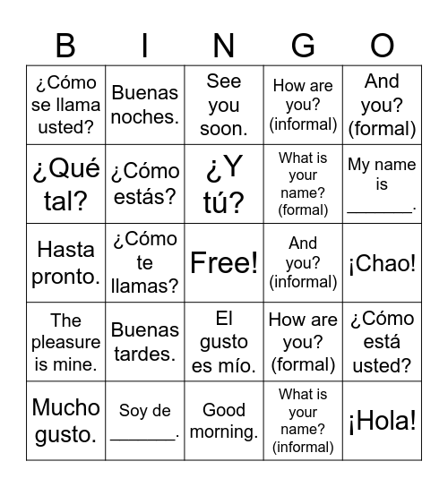 Spanish Greetings Bingo Card