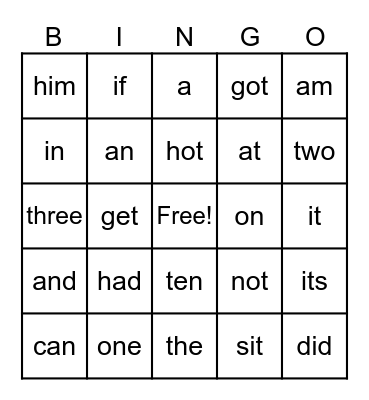 K Sight Words Bingo Card