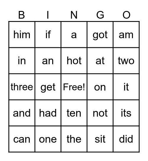 K Sight Words Bingo Card