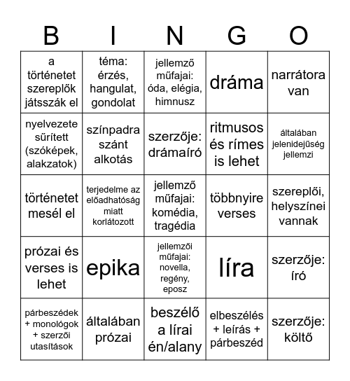 Műnemek Bingo Card