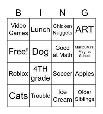 All About Me Bingo Card