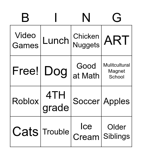 All About Me Bingo Card