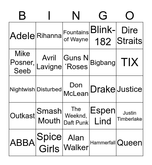 Volda Studentradios Musikkbingo Card