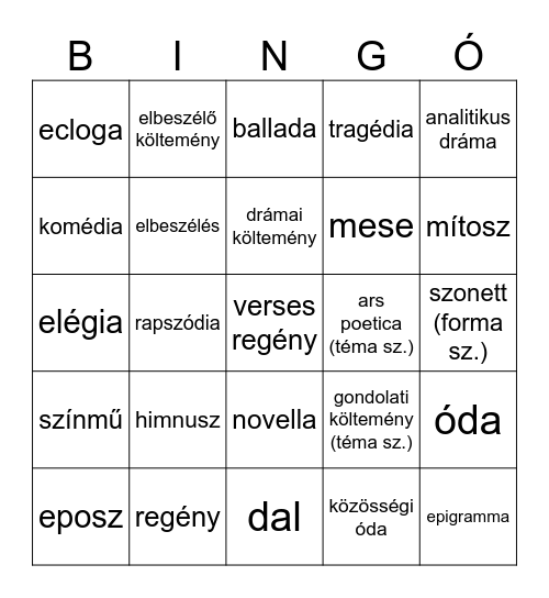 Műfajok Bingo Card