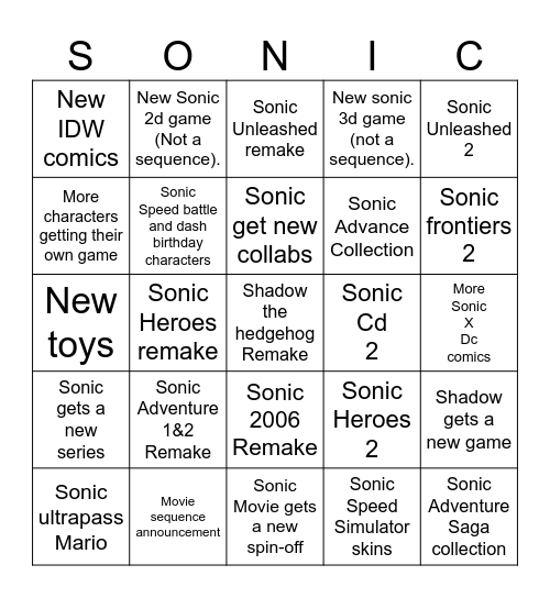 Sonic 35th years bingo Card
