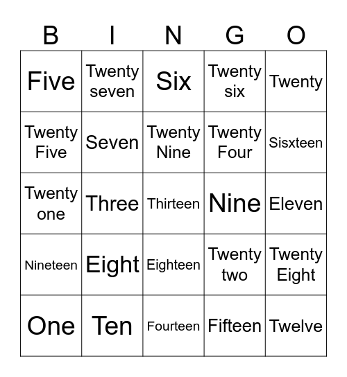 Numbers Bingo Card