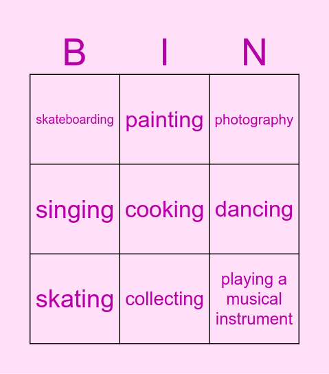 HOBBIES Bingo Card