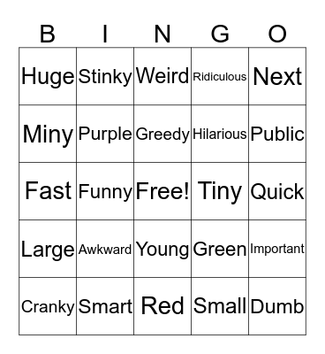 Adjective Bingo. Bingo Card