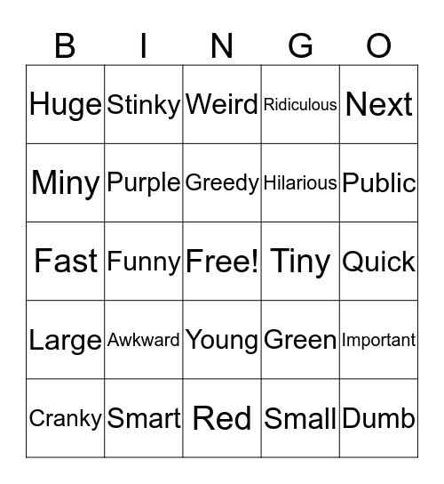 Adjective Bingo. Bingo Card