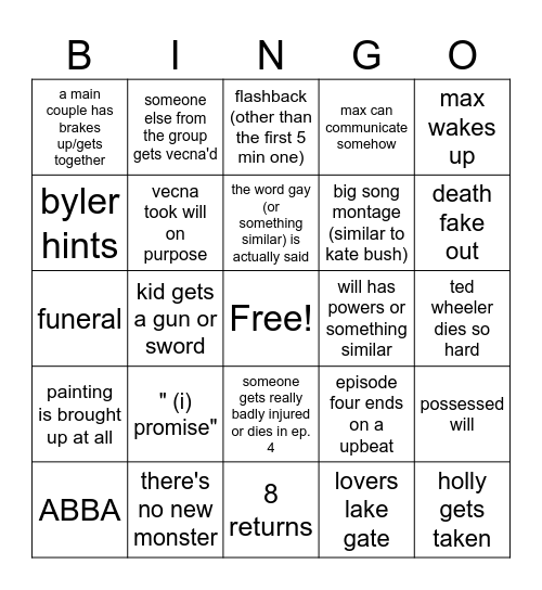 Stranger Things Bingo V1 Bingo Card