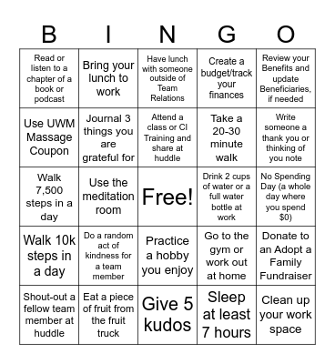 Team Relations Mindfulness Bingo Card