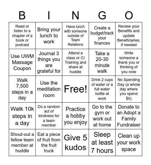 Team Relations Mindfulness Bingo Card