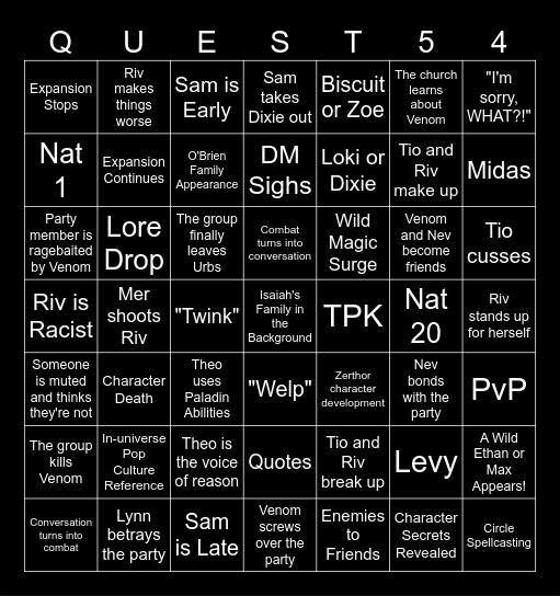 Questicles Session 54 Bingo Card