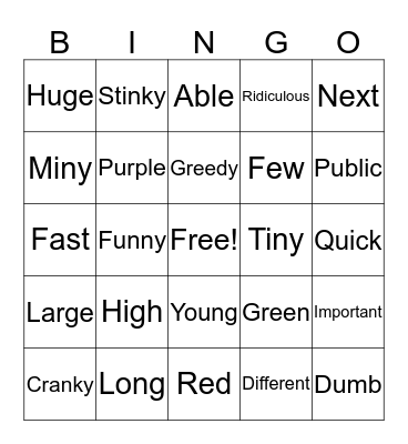 Adjective Bingo. Bingo Card