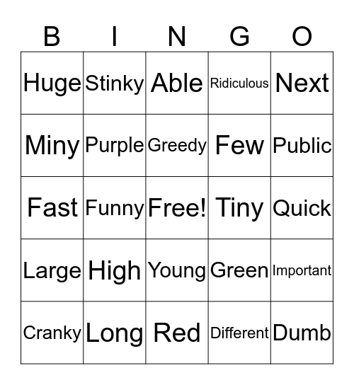 Adjective Bingo. Bingo Card