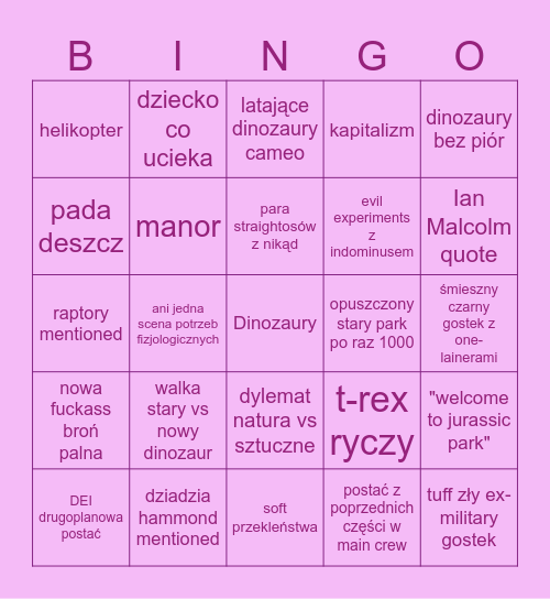 Jurassic Park Film Bingo Card