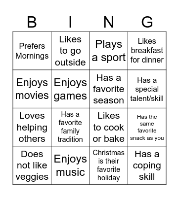 Family Connection Bingo Card