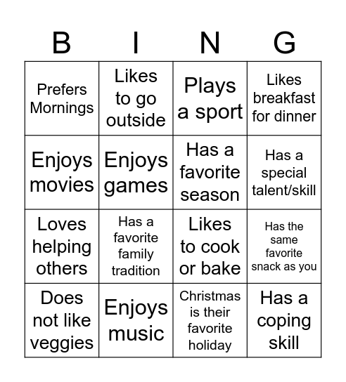 Family Connection Bingo Card