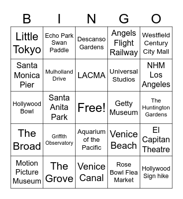 Los Angeles Classic Date Locations Bingo Card