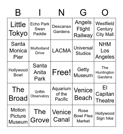 Los Angeles Classic Date Locations Bingo Card