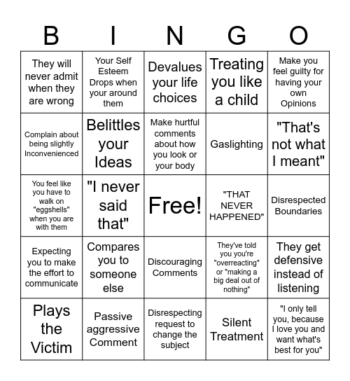 Toxic Family BINGO Card