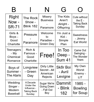 Pop Punk Party Bingo Card