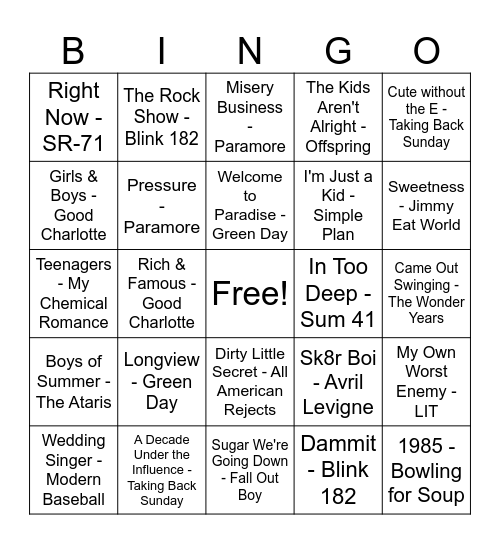 Pop Punk Party Bingo Card