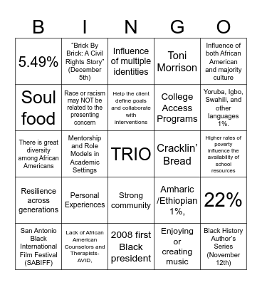 African American Culture & Counseling Bingo Card