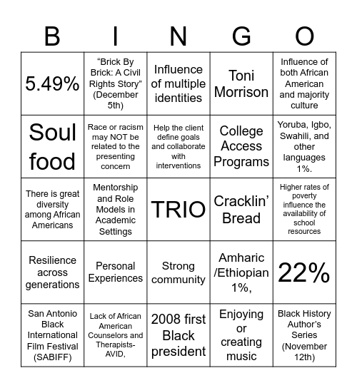 African American Culture & Counseling Bingo Card