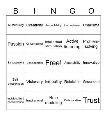 Transformational Leadership Bingo Card