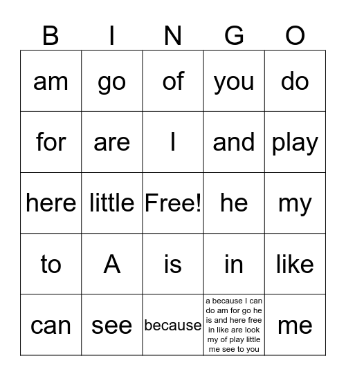Kindergarten Words Bingo Card