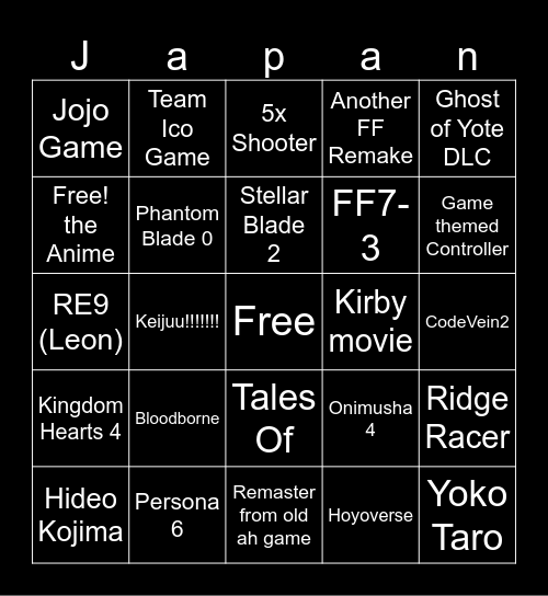 State of Play Nippon Bingo Card