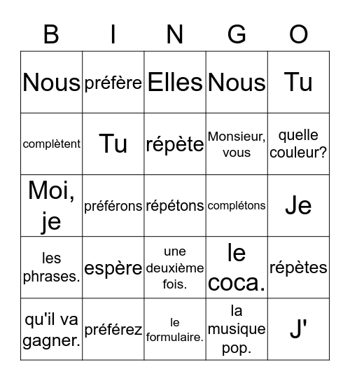 Les verbes en -é . er Bingo Card