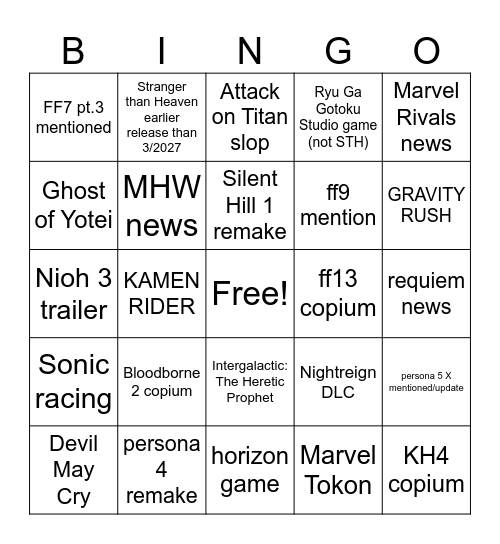 State of play 11/11 Bingo Card