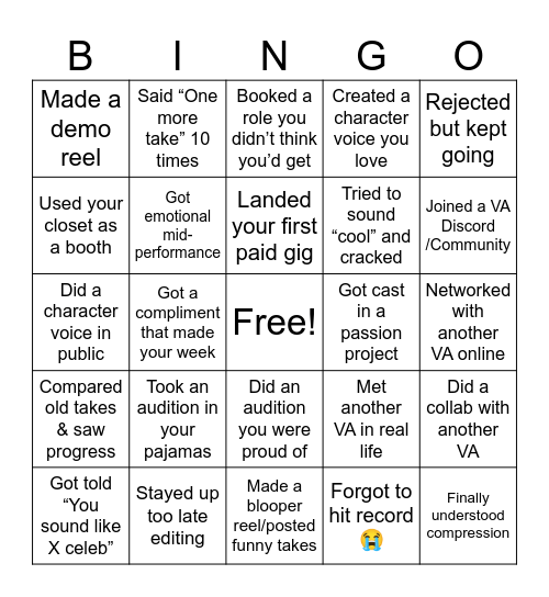 Voice Actor Bingo Card