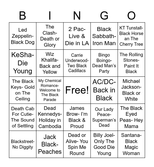 Radio Bingo "Black" "Death" Bingo Card